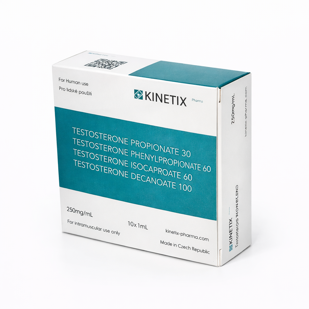 Caja de Sustanon 250 (Testosterone Mix) Kinetix Pharma 250 mg con 10 ampollas de 1 ml, el mejor sostenon europeo para ganar masa muscular masiva en Mamados México.