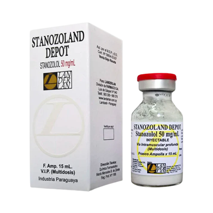 Vial de Stanozoland Depot Landerlan 50 mg 15 ml original, estanozolol inyectable para ciclos de corte y definición.