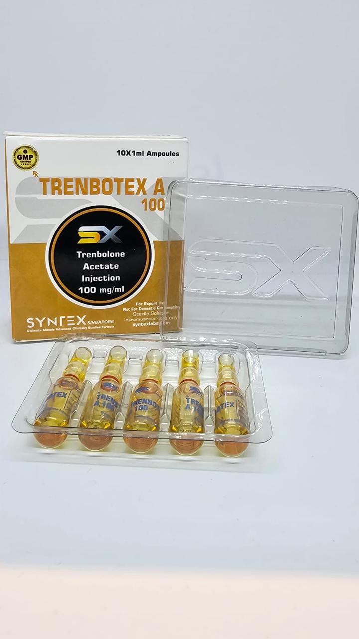 Caja de Trenbotex A Syntex Labs 100 mg con 10 ampollas de 1 ml, acetato de trembolona original para ciclos de definición y vascularidad extrema.