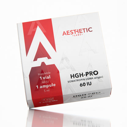 Vial de HGH PRO 60 IU Aesthetic Labs somatropina liofilizada y diluyente de 5ml para suplementación deportiva.