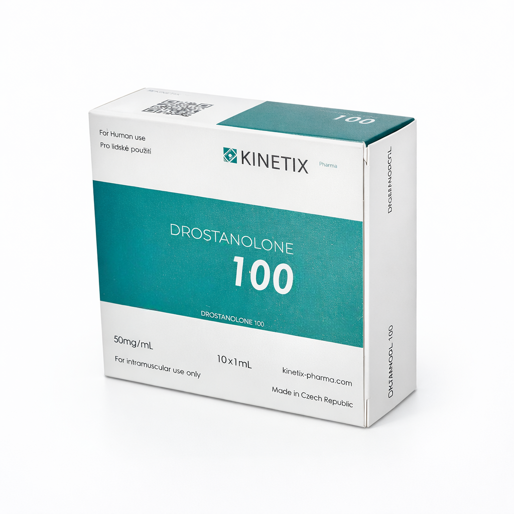 Caja de Masteron (Drostanolona) Kinetix Pharma 100 mg con 10 ampollas de 1 ml, el mejor masteron europeo para dureza y estética muscular en Mamados México.