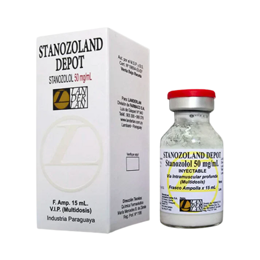 Vial de Stanozoland Depot Landerlan 50 mg 15 ml original, estanozolol inyectable para ciclos de corte y definición.