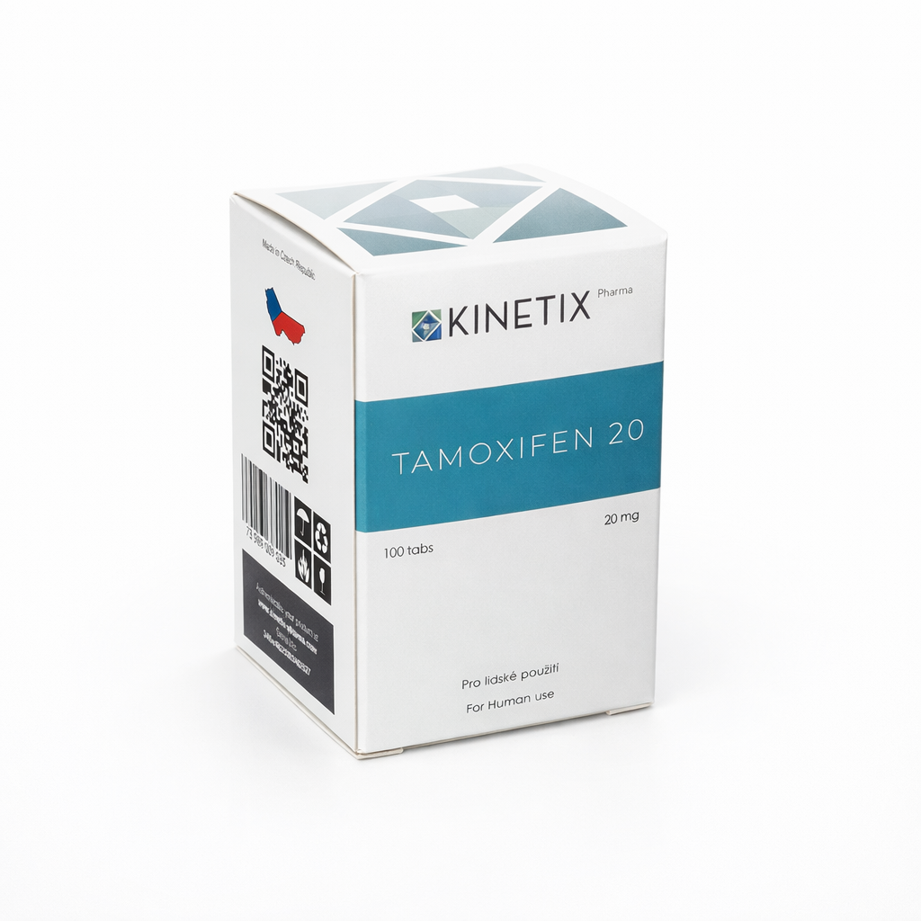 Tamoxifeno Kinetix Pharma 20 mg 100 tabletas, el mejor bloqueador de estrógeno europeo para prevenir ginecomastia en Mamados México.
